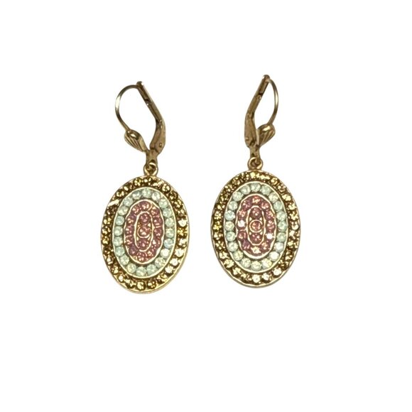 Gold Oval Dangle Earrings with Colorful Crystal Rhinestone Accents - Picture 3 of 6